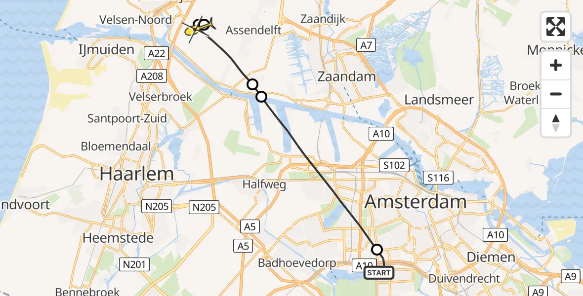 Routekaart van de vlucht: Lifeliner 1 naar Assendelft