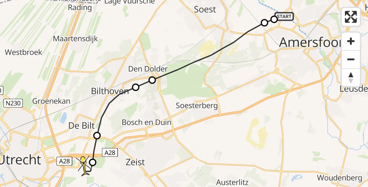 Routekaart van de vlucht: Lifeliner 1 naar Universitair Medisch Centrum Utrecht