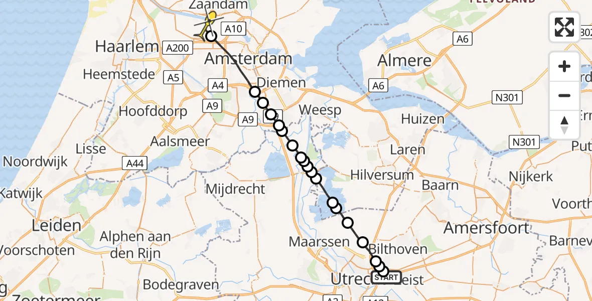 Routekaart van de vlucht: Lifeliner 1 naar Amsterdam Heliport