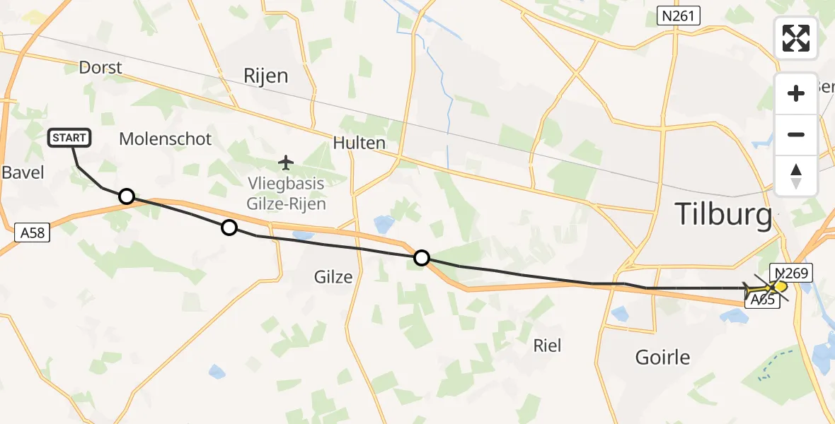 Routekaart van de vlucht: Lifeliner 3 naar Tilburg