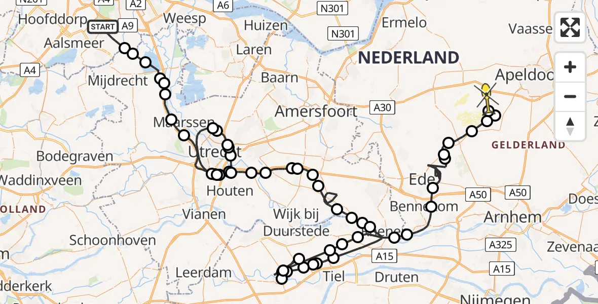 Routekaart van de vlucht: Politieheli naar Radio Kootwijk