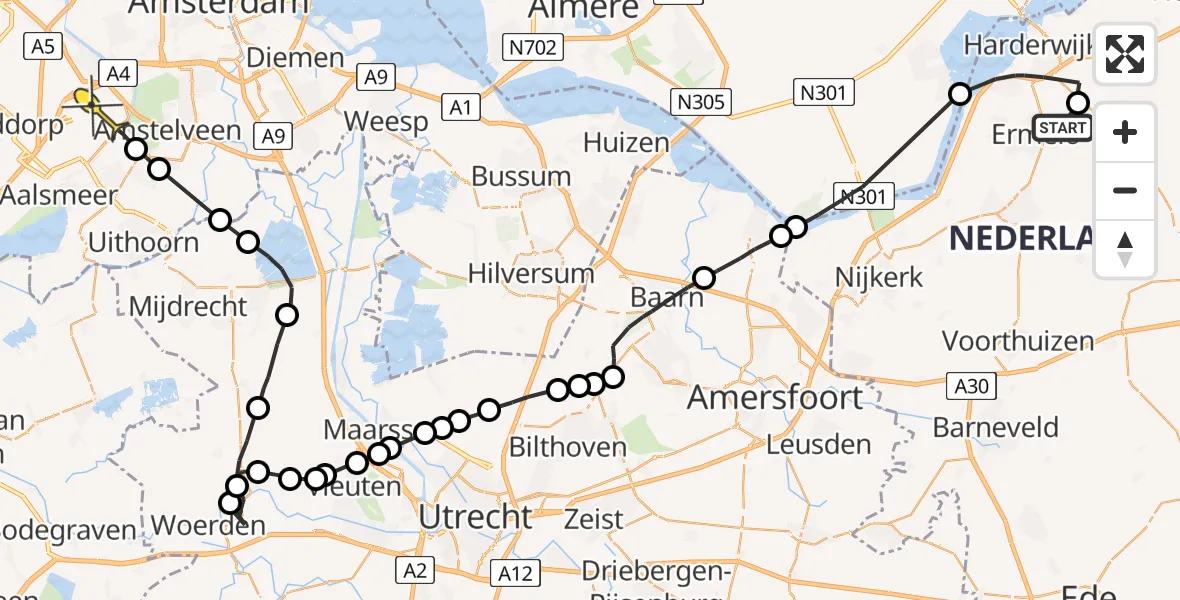 Routekaart van de vlucht: Politieheli naar Schiphol