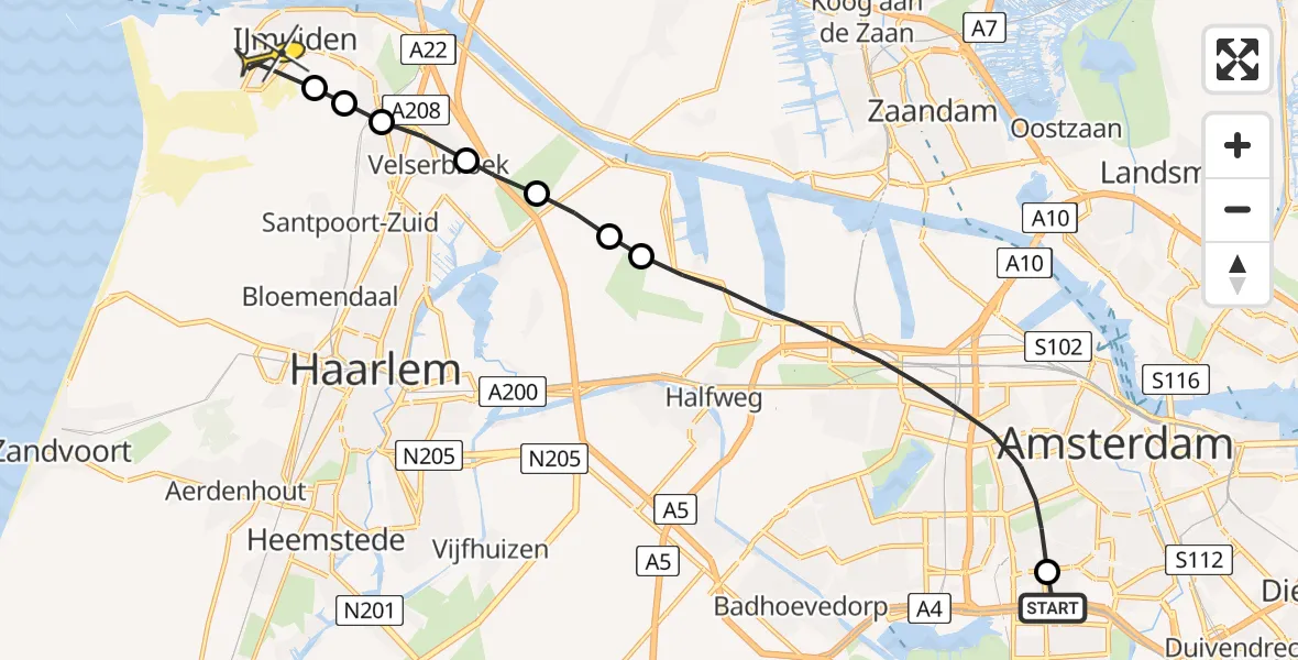 Routekaart van de vlucht: Lifeliner 1 naar IJmuiden