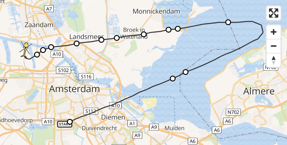 Routekaart van de vlucht: Lifeliner 1 naar Amsterdam Heliport