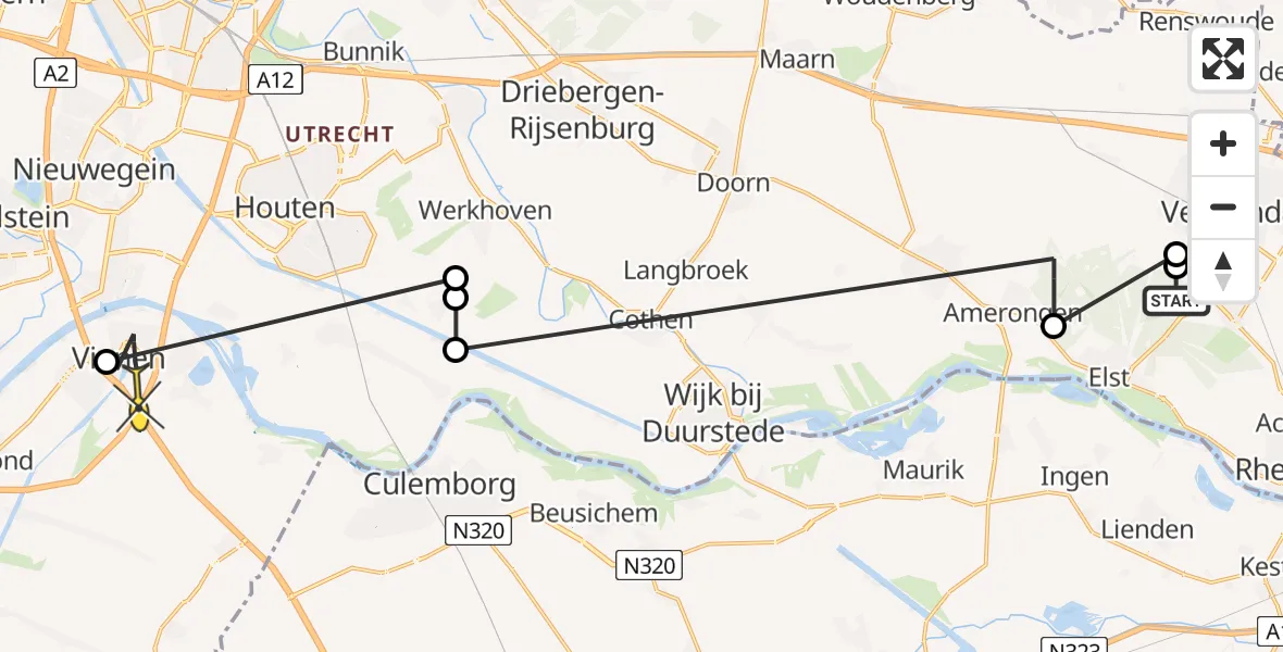 Routekaart van de vlucht: Politiehelikopter naar Vianen