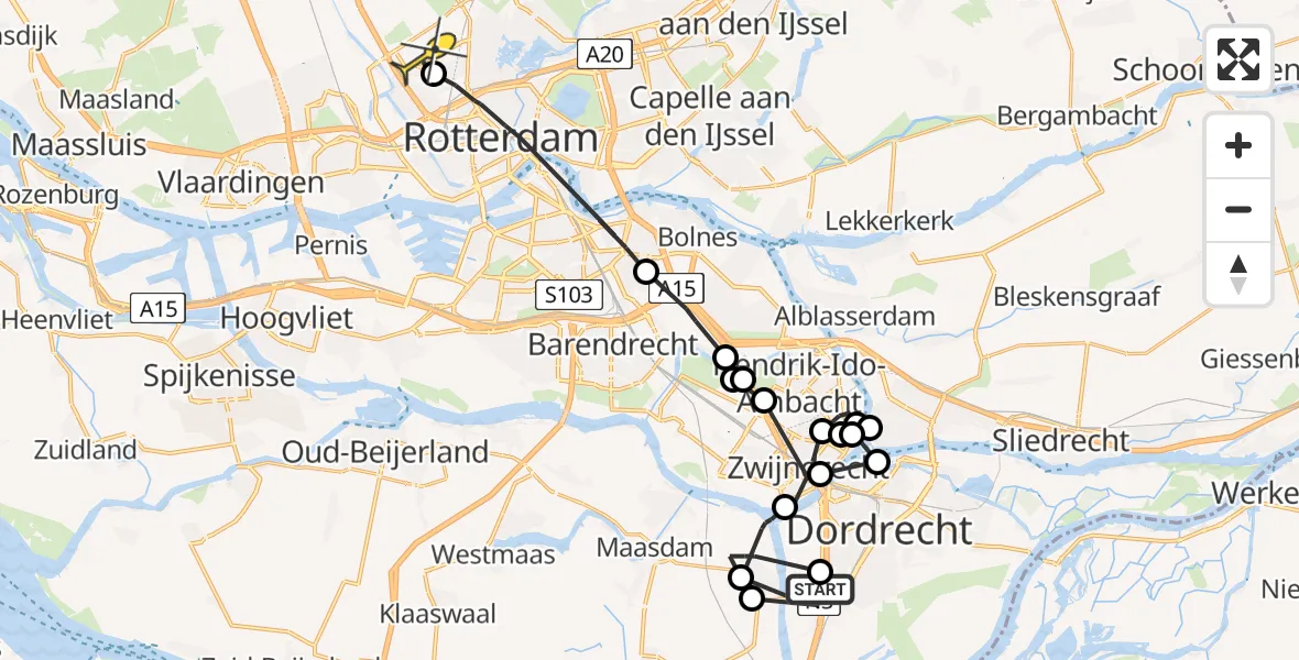 Routekaart van de vlucht: Politieheli naar Rotterdam The Hague Airport