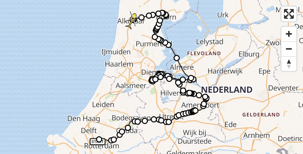 Routekaart van de vlucht: Politieheli naar Alkmaar