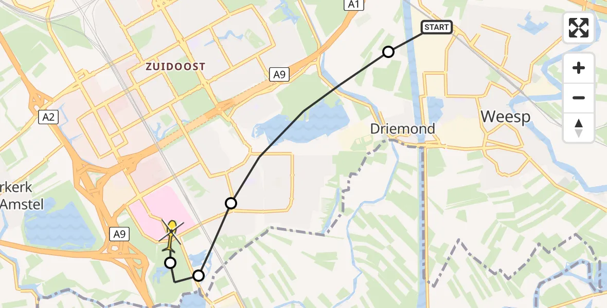 Routekaart van de vlucht: Lifeliner 1 naar Academisch Medisch Centrum (AMC)