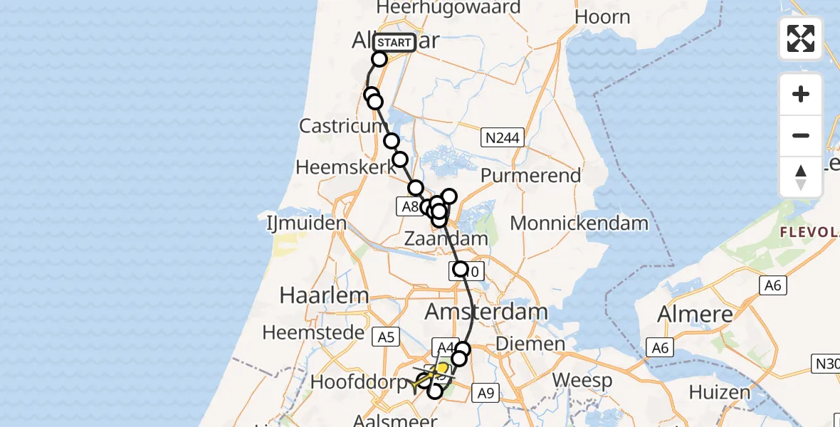 Routekaart van de vlucht: Politieheli naar Schiphol