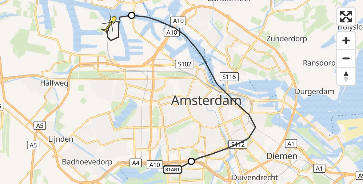 Routekaart van de vlucht: Lifeliner 1 naar Amsterdam Heliport