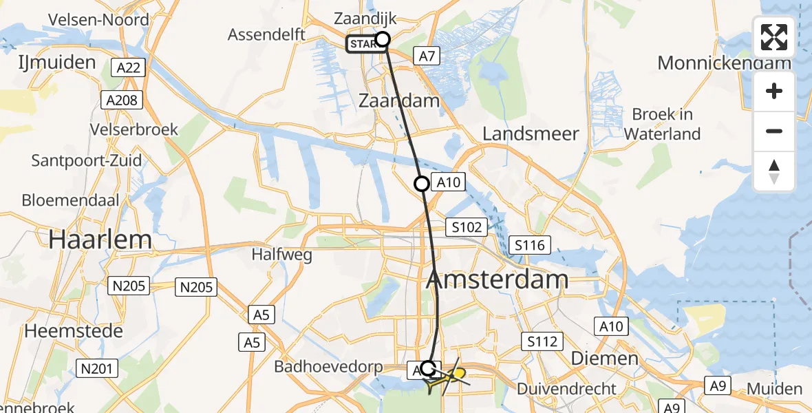 Routekaart van de vlucht: Lifeliner 1 naar VU Medisch Centrum Amsterdam