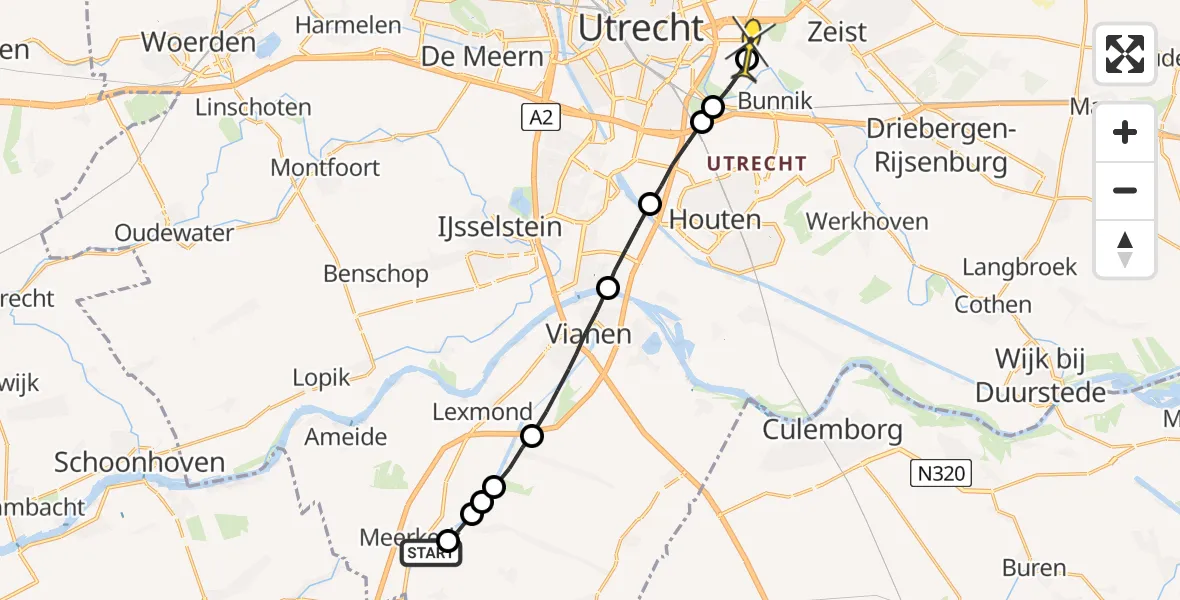 Routekaart van de vlucht: Lifeliner 2 naar Universitair Medisch Centrum Utrecht