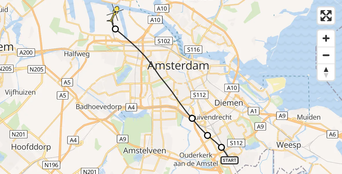 Routekaart van de vlucht: Lifeliner 1 naar Amsterdam Heliport