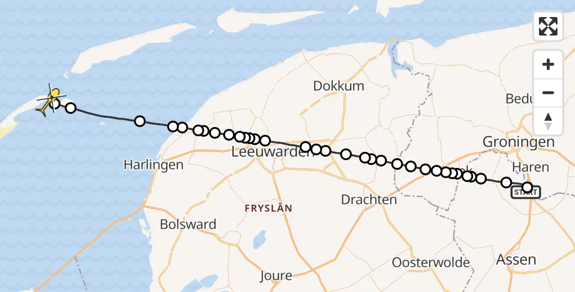 Routekaart van de vlucht: Lifeliner 4 naar Vlieland Heliport