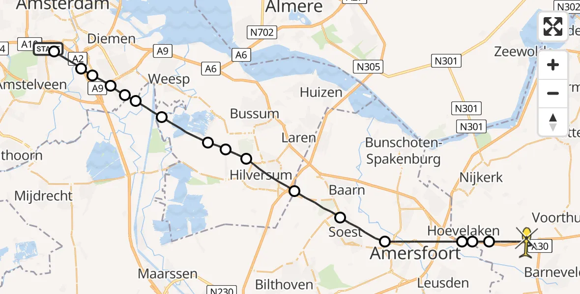 Routekaart van de vlucht: Lifeliner 1 naar Terschuur