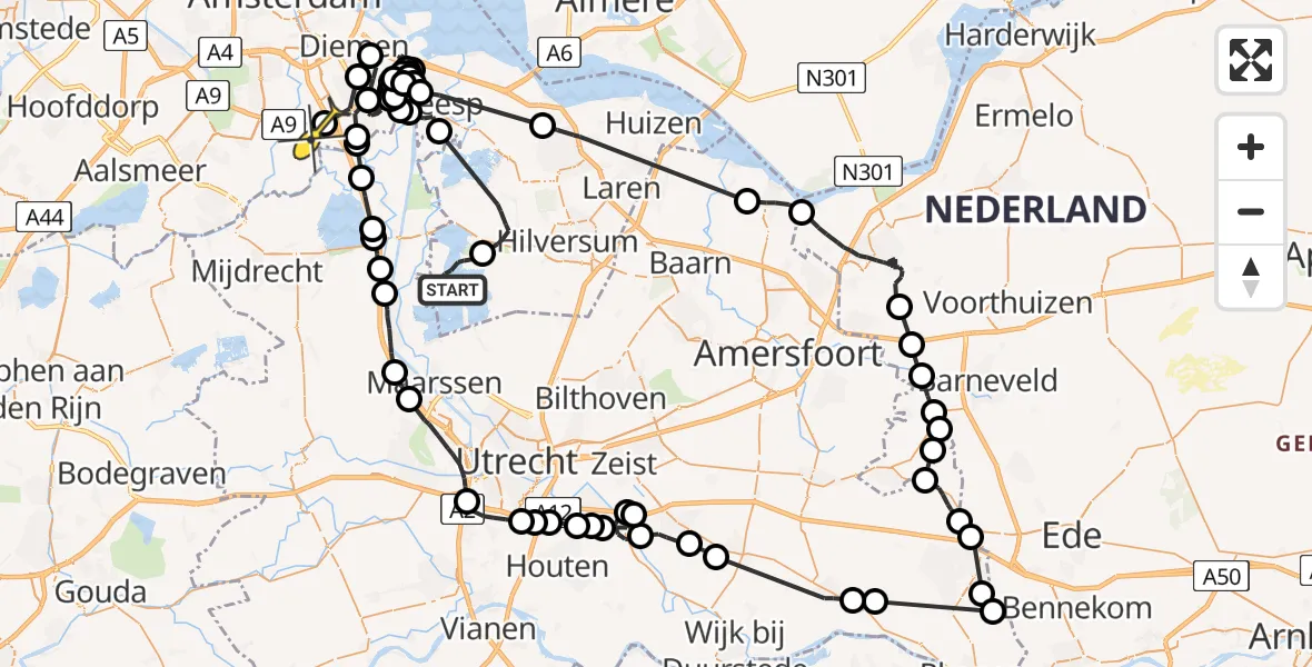 Routekaart van de vlucht: Politiehelikopter naar Ouderkerk aan de Amstel