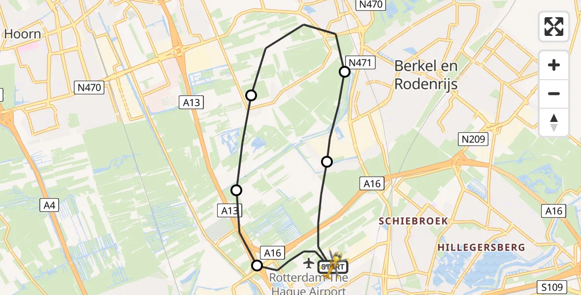 Vluchtroute Traumahelikopter Rotterdam The Hague Airport - Rotterdam The Hague Airport, 20 mei 2023, 20:26