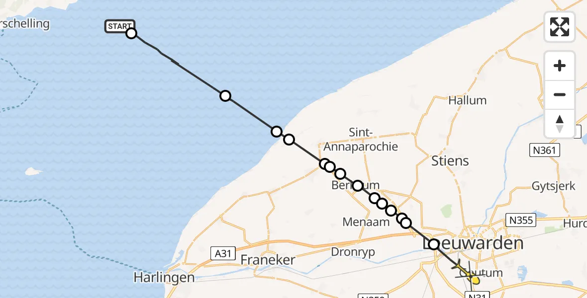 Routekaart van de vlucht: Ambulanceheli naar Leeuwarden