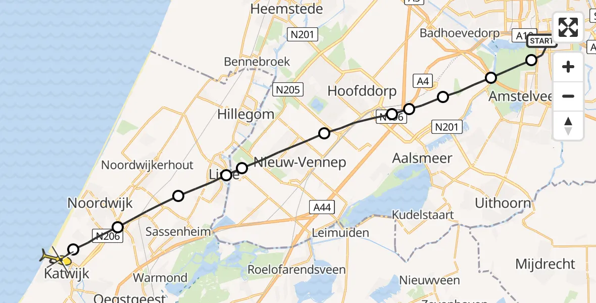 Routekaart van de vlucht: Lifeliner 1 naar Katwijk