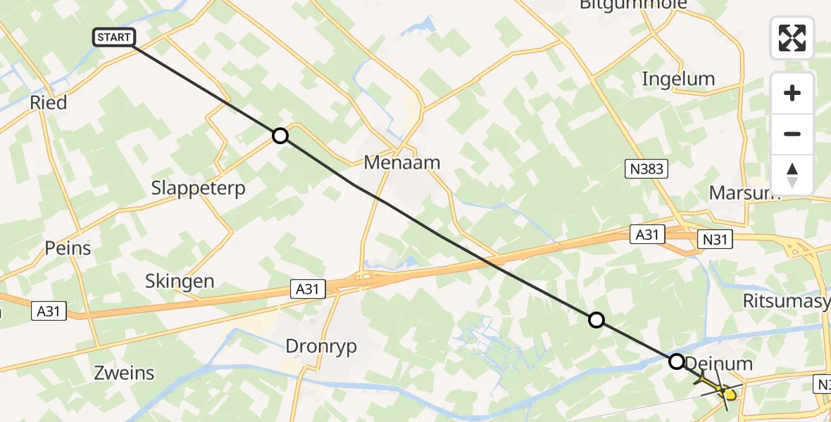 Routekaart van de vlucht: Ambulancehelikopter naar Deinum