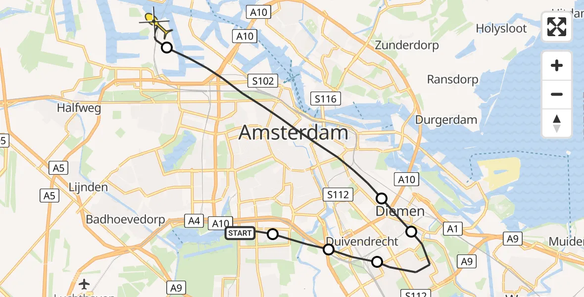 Routekaart van de vlucht: Lifeliner 1 naar Amsterdam Heliport