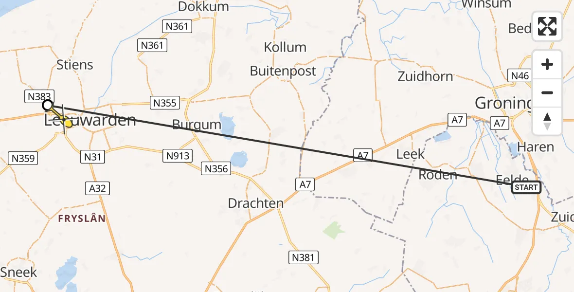 Routekaart van de vlucht: Traumaheli naar Leeuwarden
