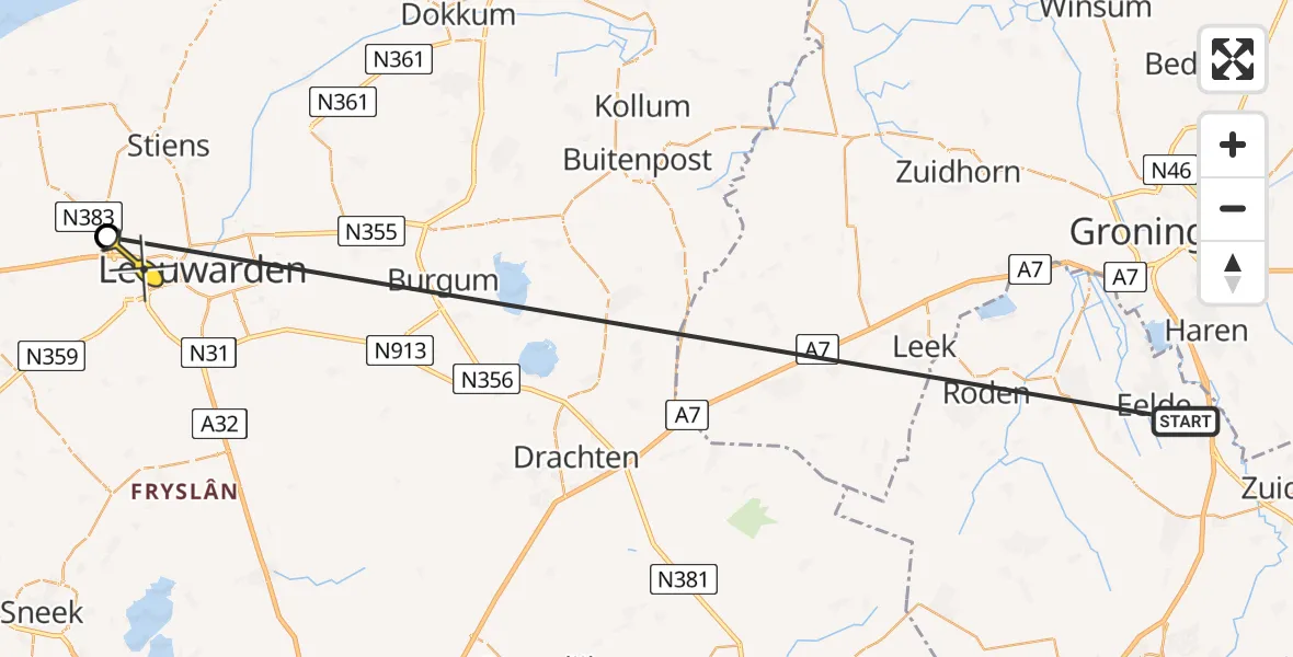 Routekaart van de vlucht: Traumahelikopter naar Leeuwarden