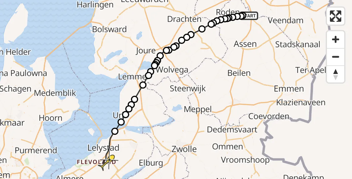 Routekaart van de vlucht: Traumaheli naar Lelystad Airport