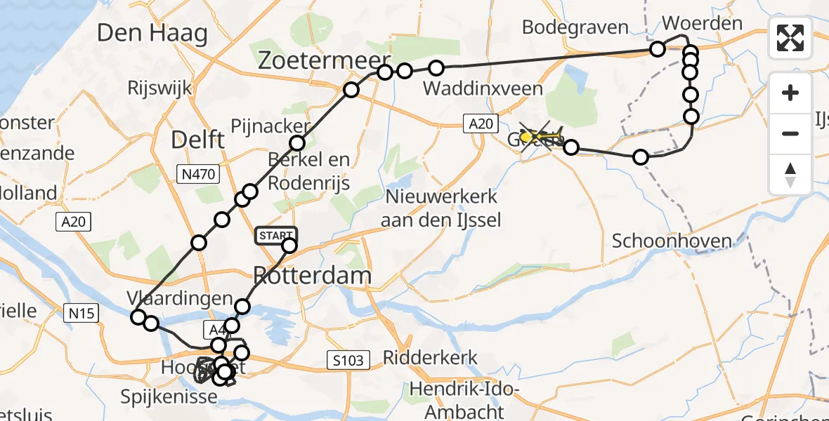 Routekaart van de vlucht: Politieheli naar Gouda