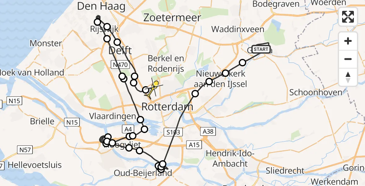 Routekaart van de vlucht: Politieheli naar Rotterdam The Hague Airport