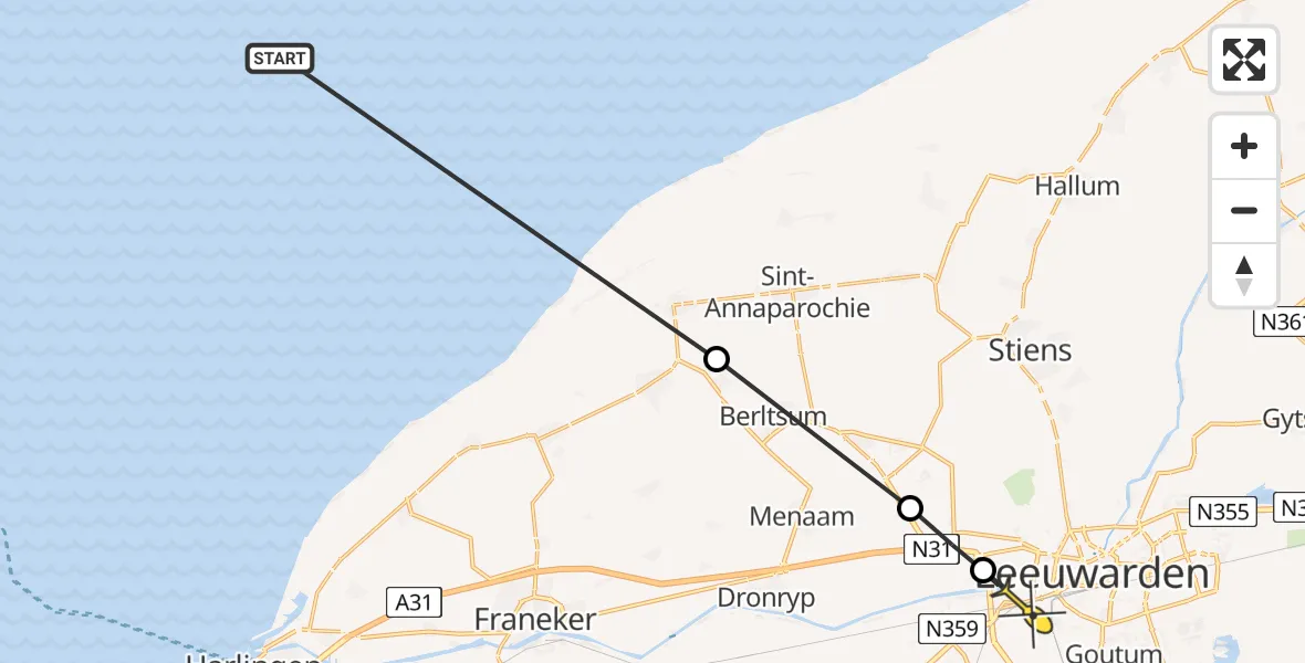 Routekaart van de vlucht: Ambulanceheli naar Leeuwarden