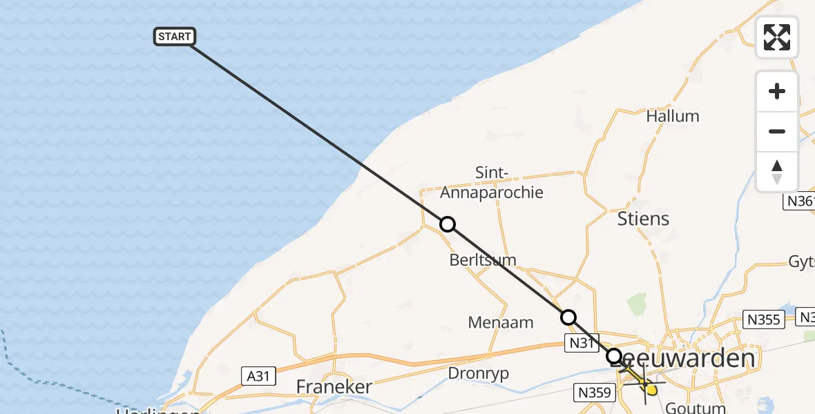 Routekaart van de vlucht: Ambulancehelikopter naar Leeuwarden