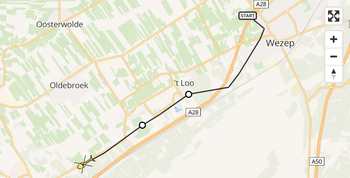 Routekaart van de vlucht: Politieheli naar Oldebroek