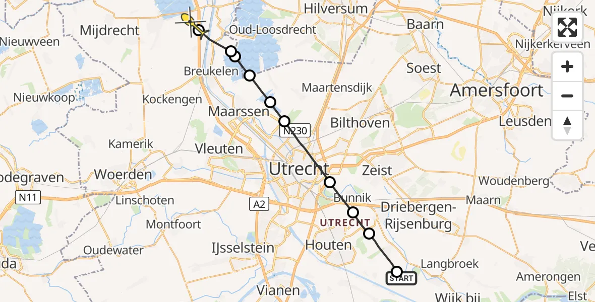 Routekaart van de vlucht: Politieheli naar Nieuwer Ter Aa