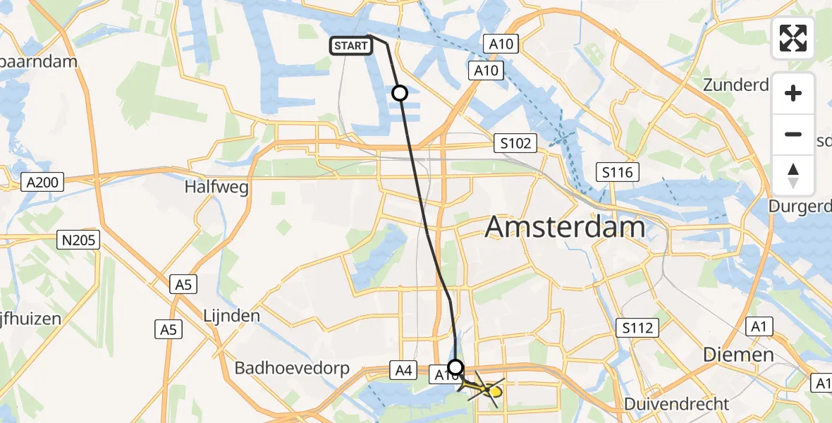 Routekaart van de vlucht: Lifeliner 1 naar VU Medisch Centrum Amsterdam