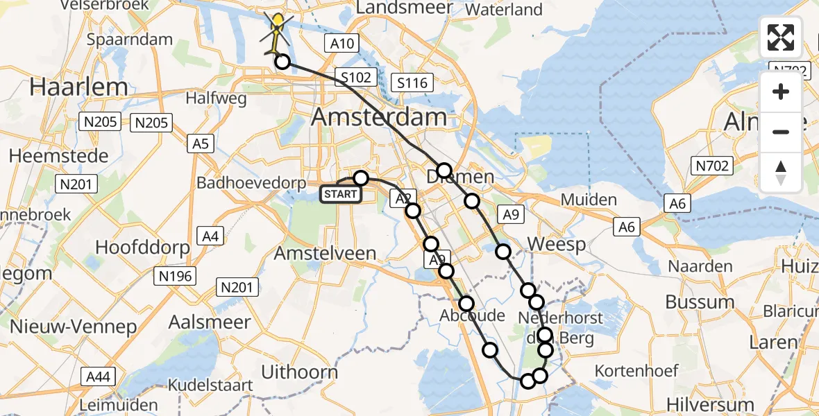 Routekaart van de vlucht: Lifeliner 1 naar Amsterdam Heliport