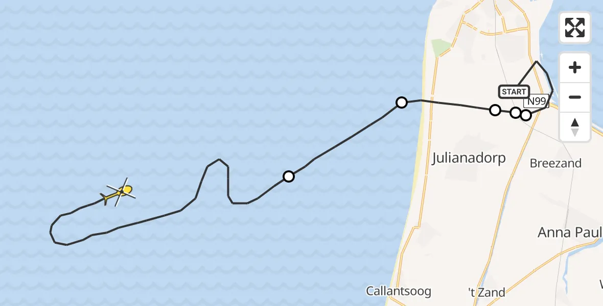Vluchtroute Politiehelikopter van Vliegveld De Kooy naar 
