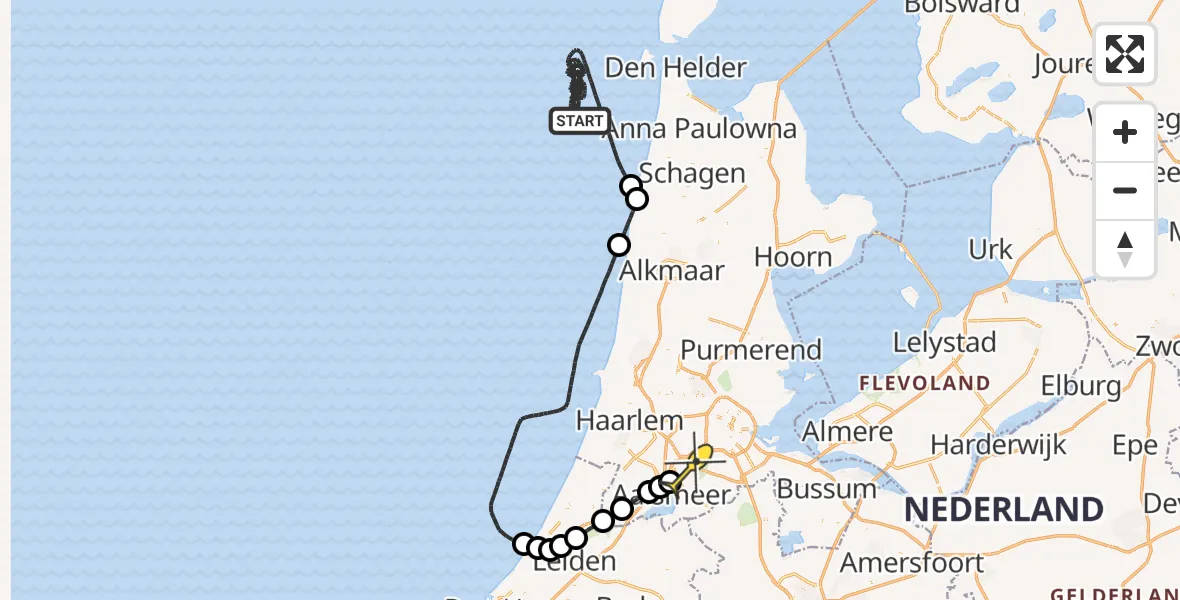 Routekaart van de vlucht: Politieheli naar Schiphol