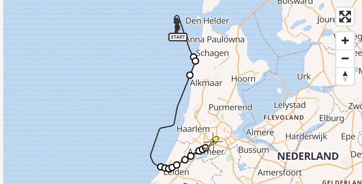 Vluchtroute Politiehelikopter van  naar Schiphol