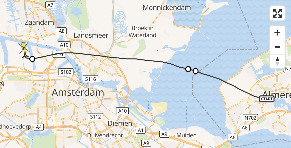 Routekaart van de vlucht: Lifeliner 1 naar Amsterdam Heliport