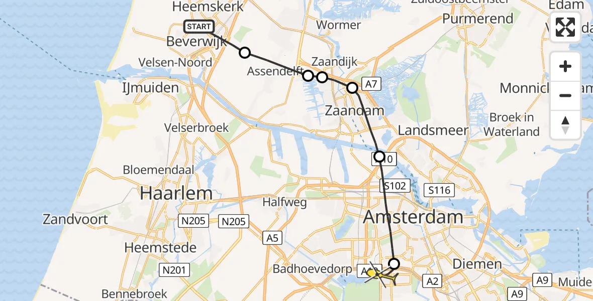 Routekaart van de vlucht: Lifeliner 1 naar VU Medisch Centrum Amsterdam