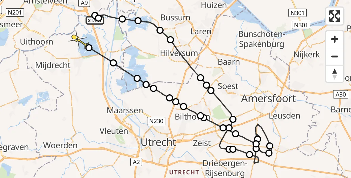 Routekaart van de vlucht: Politieheli naar Waverveen