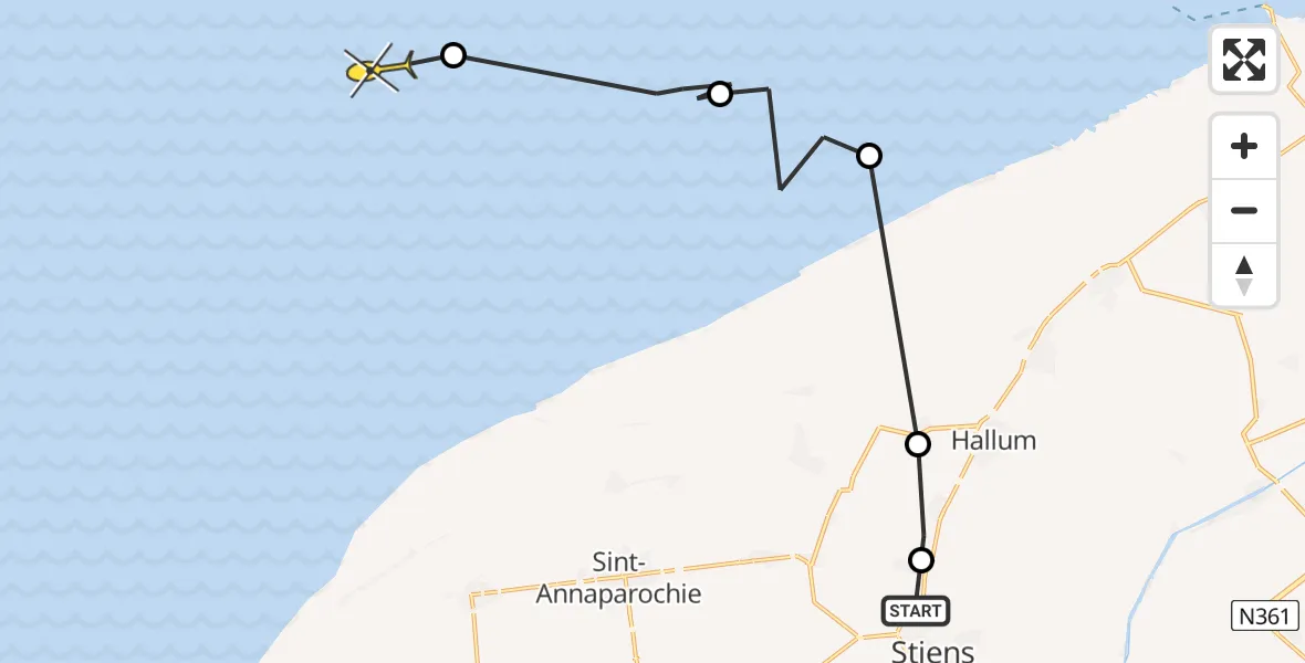 Routekaart van de vlucht: Ambulanceheli naar Oosterend