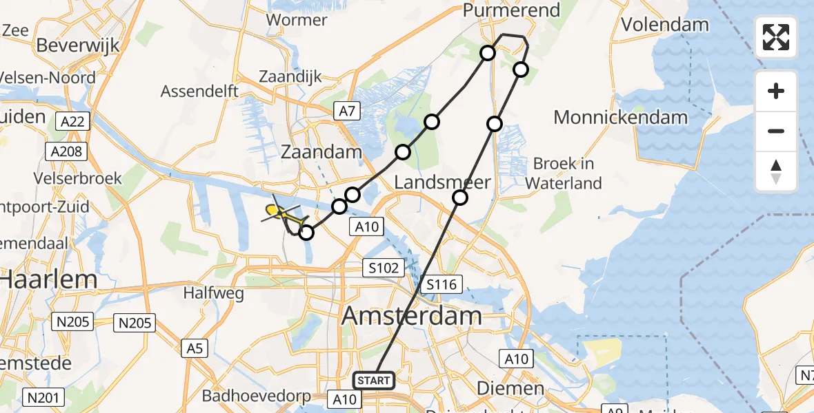 Routekaart van de vlucht: Lifeliner 1 naar Amsterdam Heliport