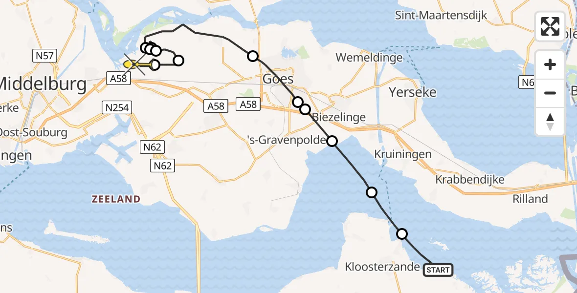 Routekaart van de vlucht: Politiehelikopter naar Vliegveld Midden-Zeeland