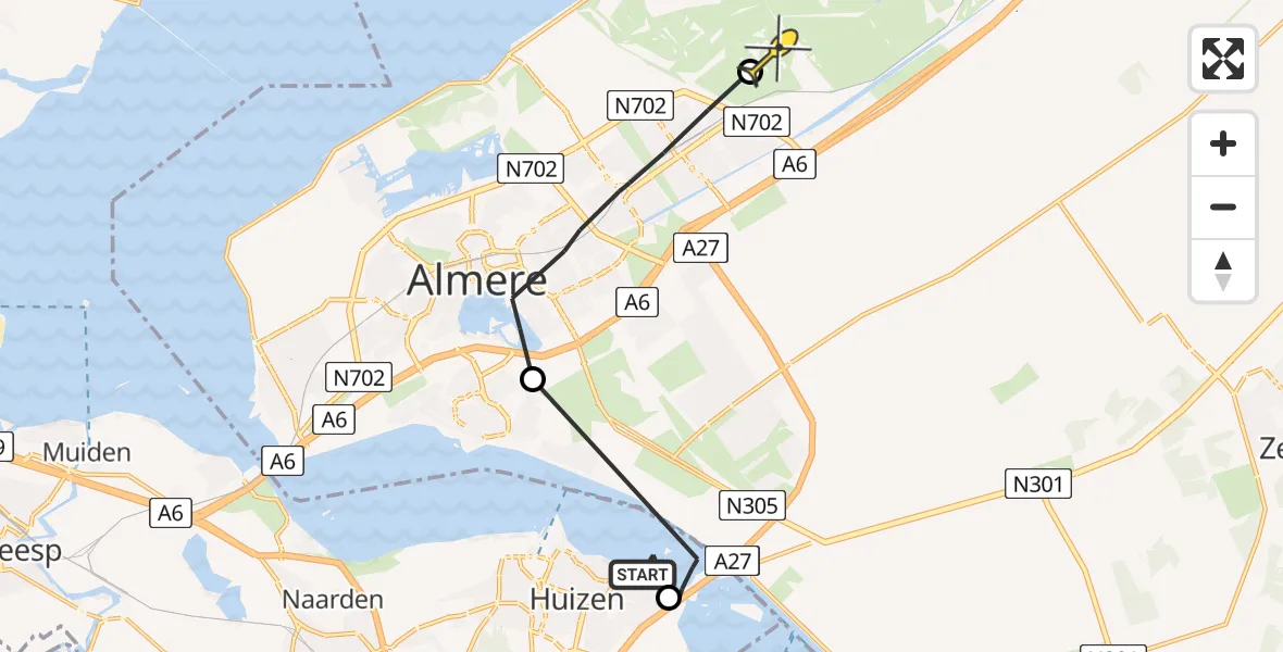 Routekaart van de vlucht: Politiehelikopter naar Lelystad