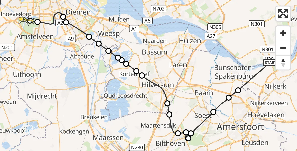 Routekaart van de vlucht: Politiehelikopter naar Amsterdam