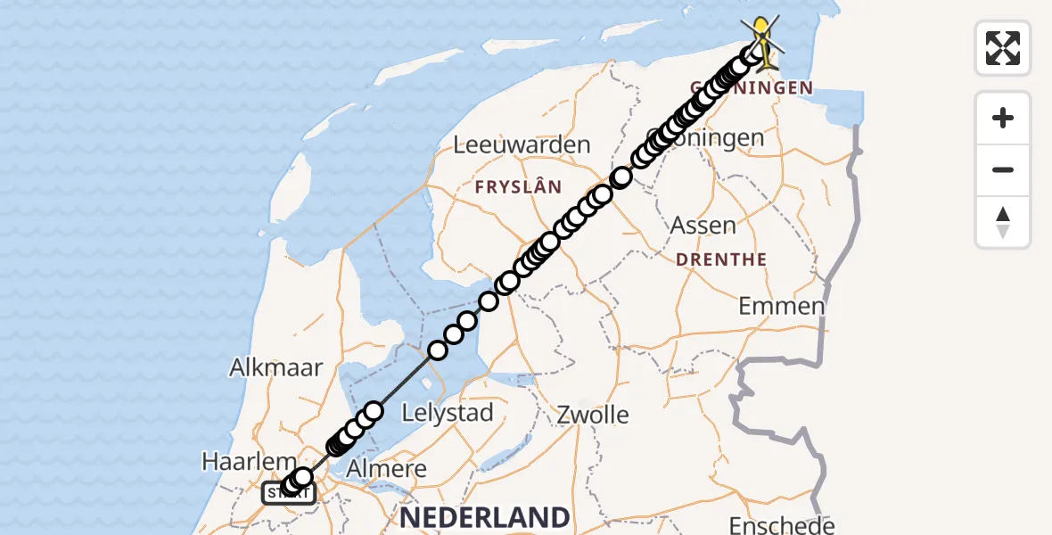 Routekaart van de vlucht: Politieheli naar Eemshaven