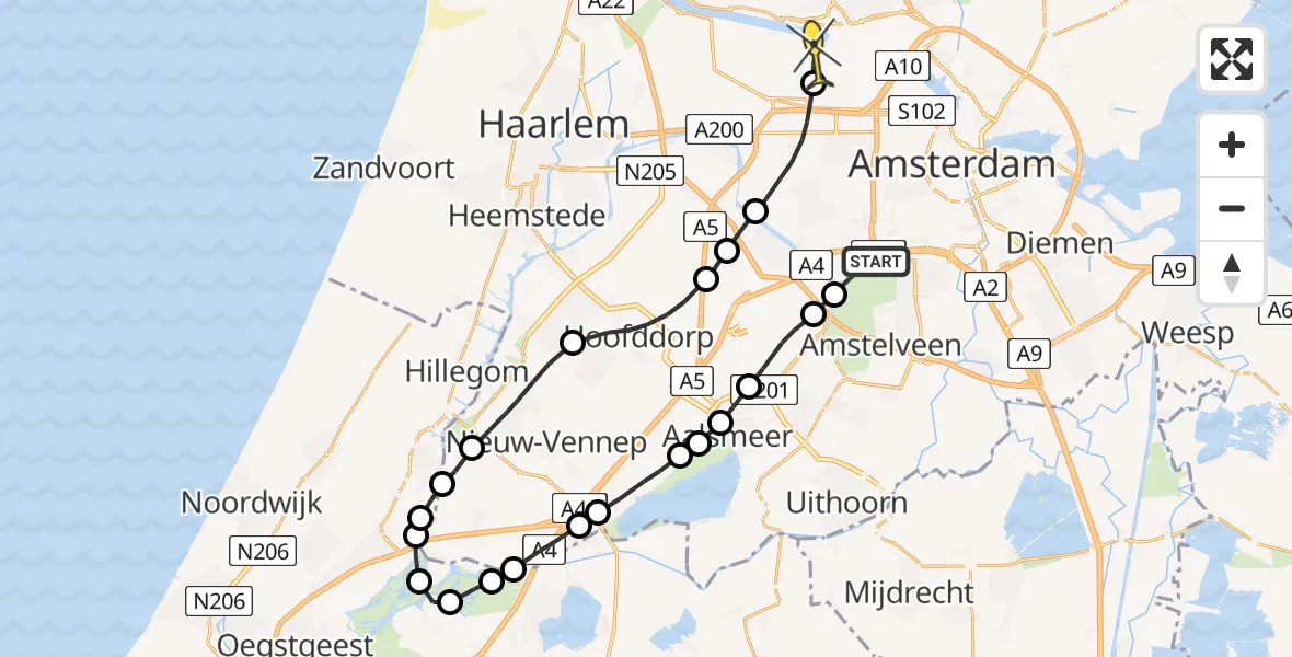 Routekaart van de vlucht: Lifeliner 1 naar Amsterdam Heliport