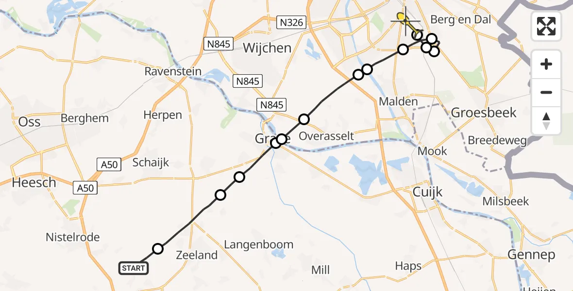 Routekaart van de vlucht: Lifeliner 3 naar Radboud Universitair Medisch Centrum